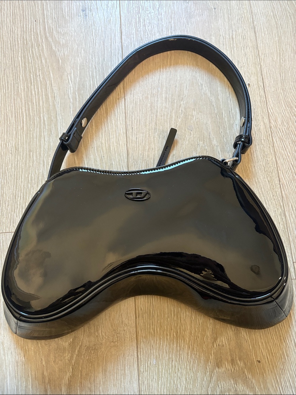 Diesel Black Patent Shoulder Bag with Curved Silhouette